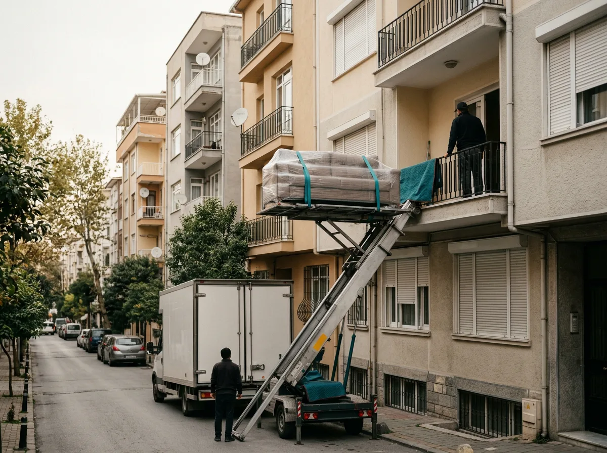 Asansörlü taşıma sistemiyle apartman balkonundan güvenle indirilen sarılmış bir koltuk.
